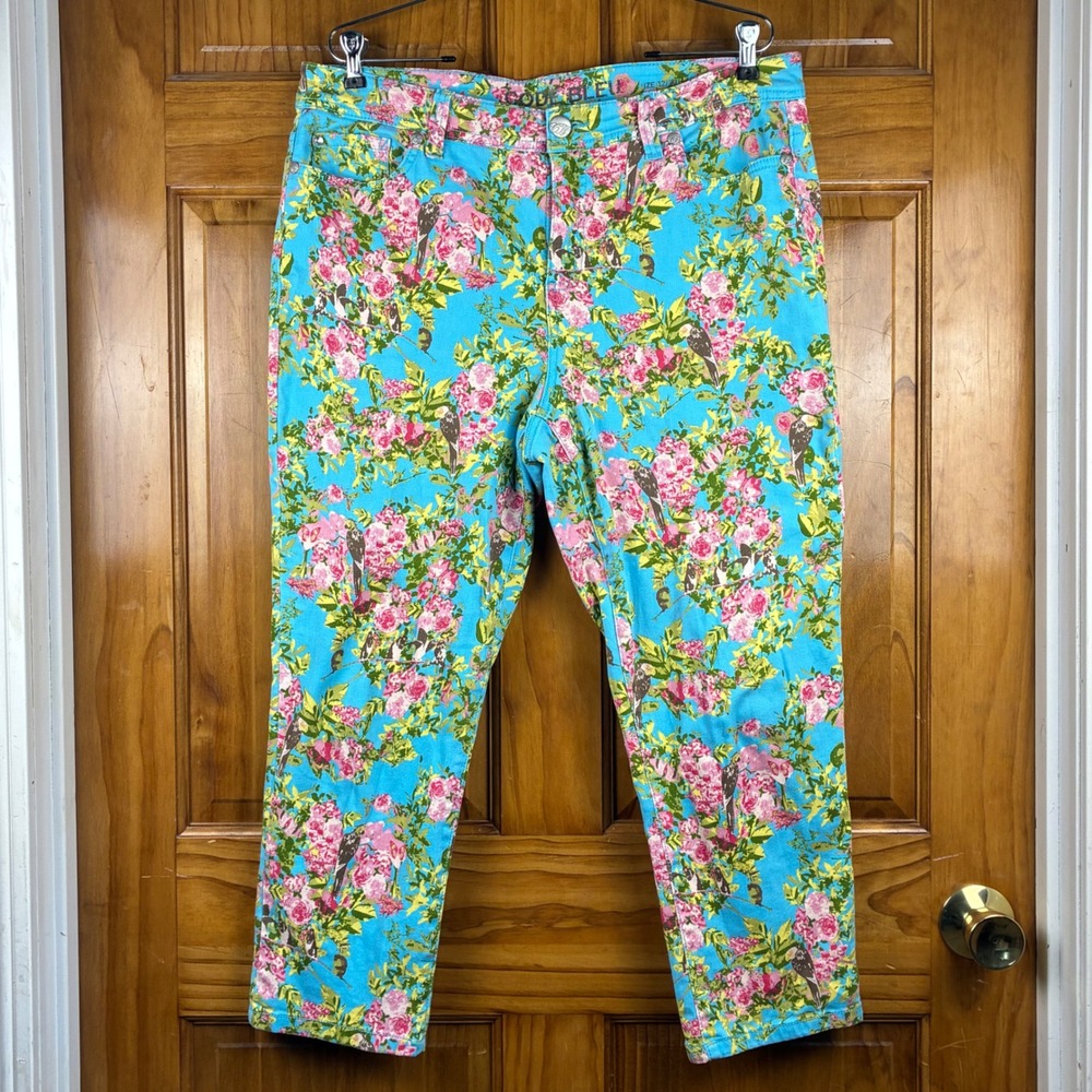 Code Bleu Aimee Crop Floral Bird Print Pants Blue Pink Yellow Womens Size 12/30